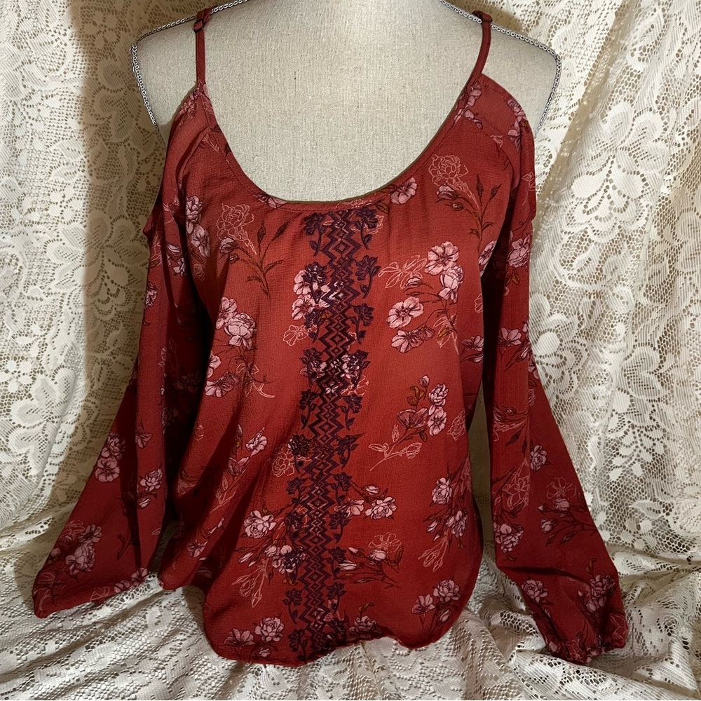 Rewind Womens Small Rust Floral Cold Shoulder Blouse Lace Back Boho Top